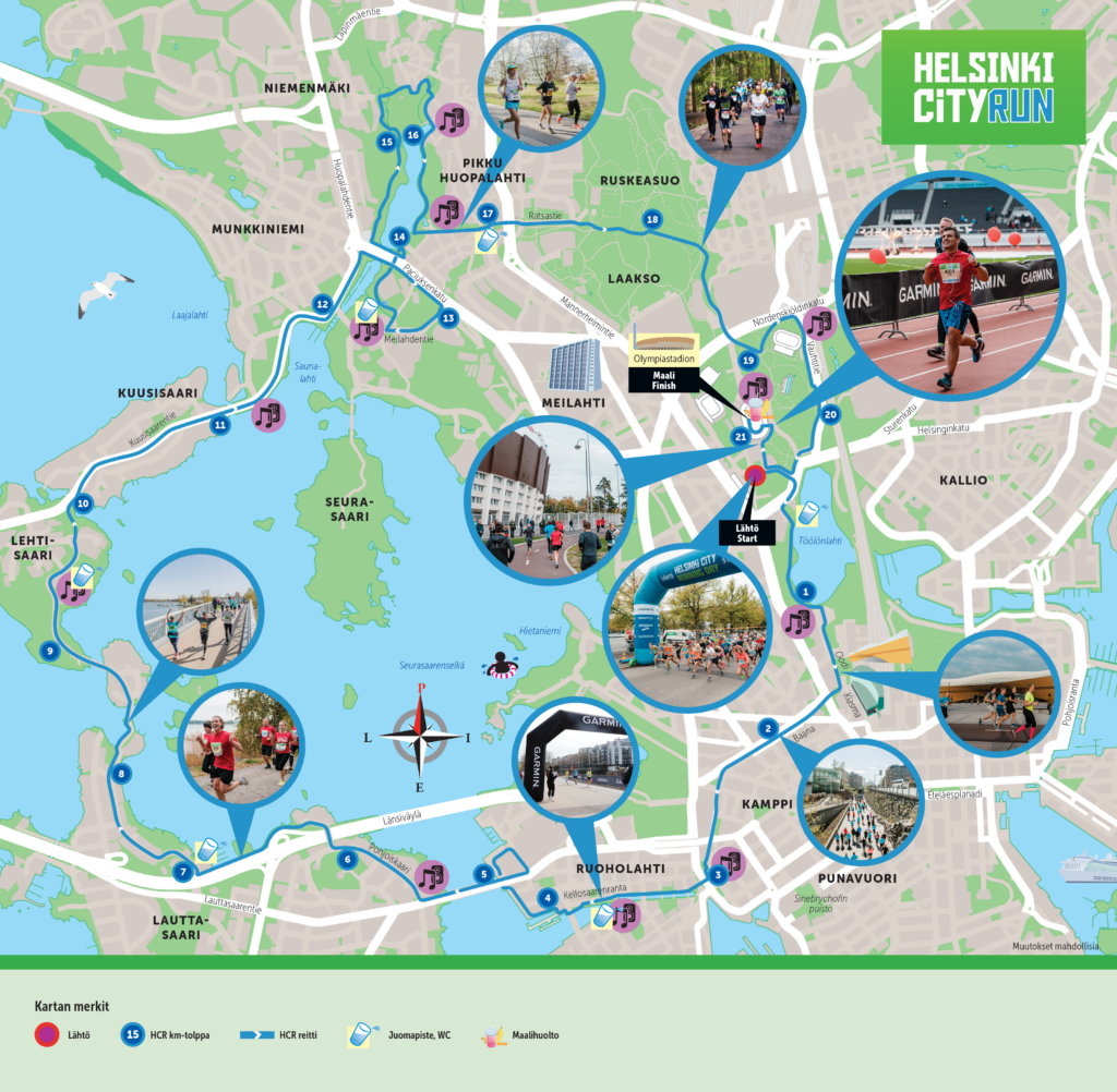 Helsinki City Run -puolimaratonin reittikartta 2024
